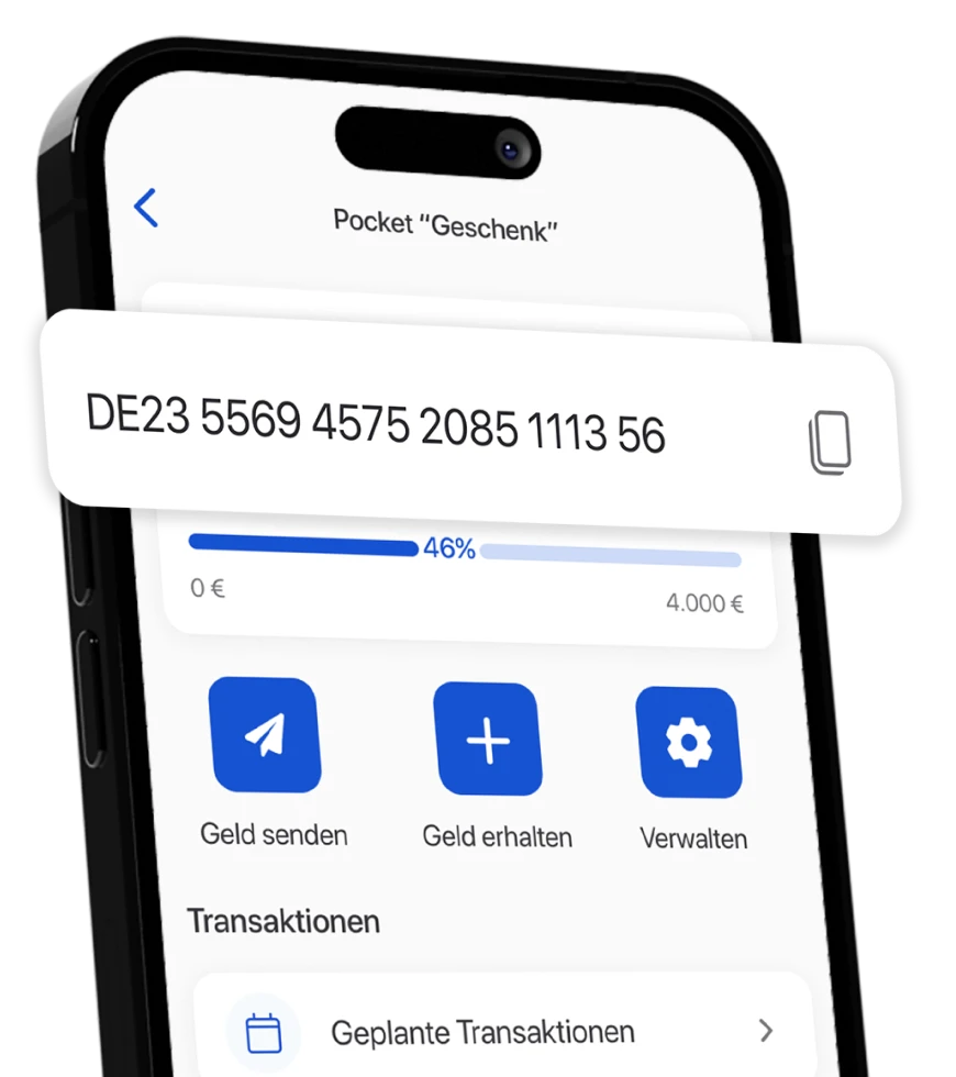 Ein Smartphone zeigt die Pocket-Detailseite der C24 Bank App, auf der die IBAN des Pockets hervorgehoben ist.