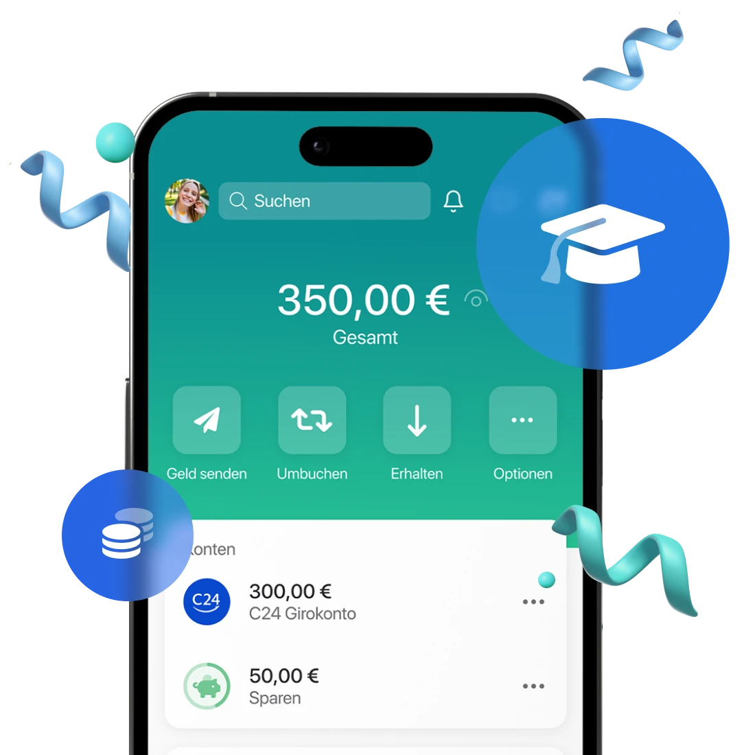 Ein Smartphone zeigt die Startseite der C24 Bank App, auf welcher der Gesamtkontostand und weitere Funktionen angezeigt werden.