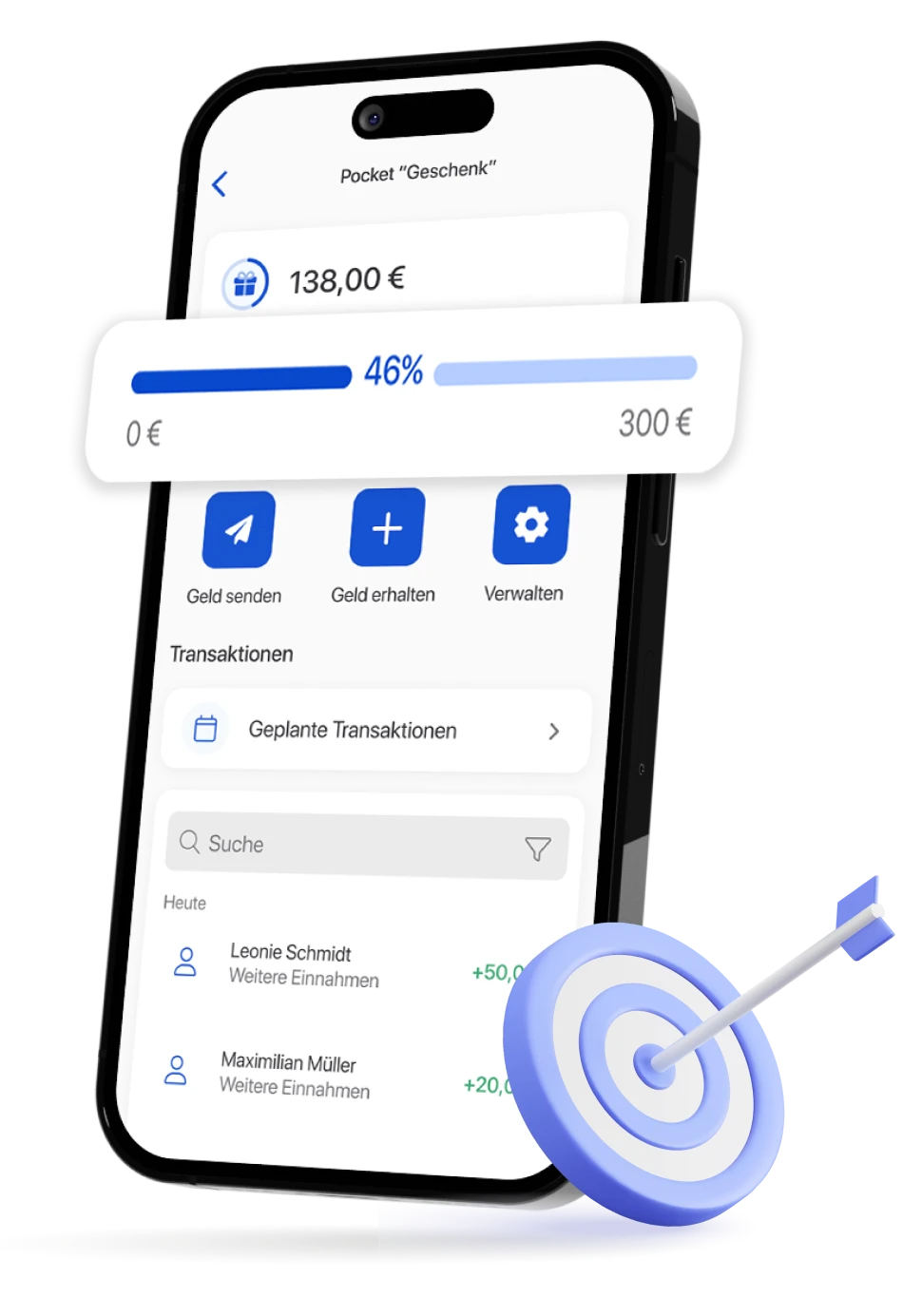 Ein Smartphone zeigt die Pocket-Detailseite der C24 Bank App, auf der ein Fortschrittsbalken mit 46 Prozent hervorgehoben ist. Daneben eine 3D Illustration einer Zielscheibe mit Pfeil darin.