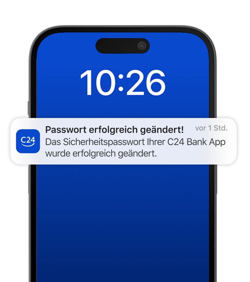 Ein Smartphone mit einer Push-Benachrichtigung, welche darauf hinweist, dass das Passwort der C24 Bank App erfolgreich geändert wurde.