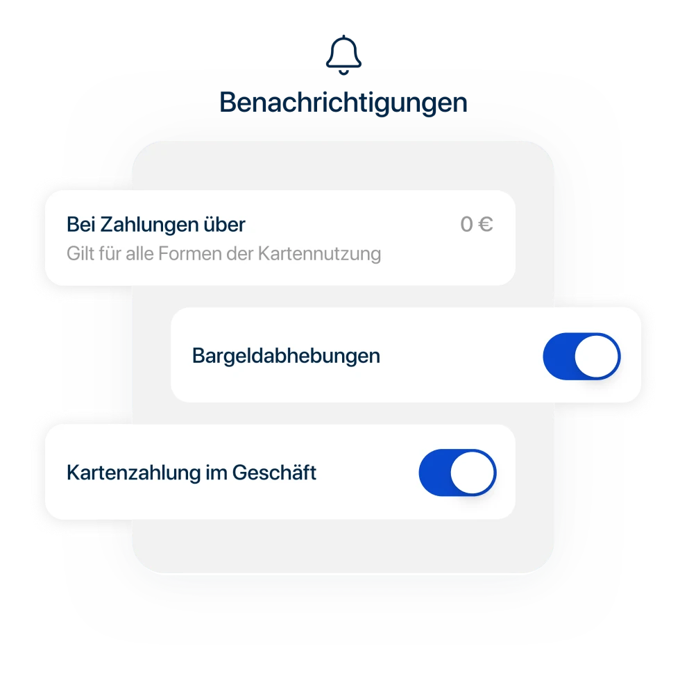 Eine Illustration zeigt die verschiedenen Optionen für Push-Benachrichtigungen innerhalb der C24 Bank App. Man kann z.B. bestimmen, ob man Push-Benachrichtigungen für Zahlungen ab einem bestimmten Betrag, für Bargeldabhebungen oder Kartenzahlungen im Geschäft erhalten möchte.