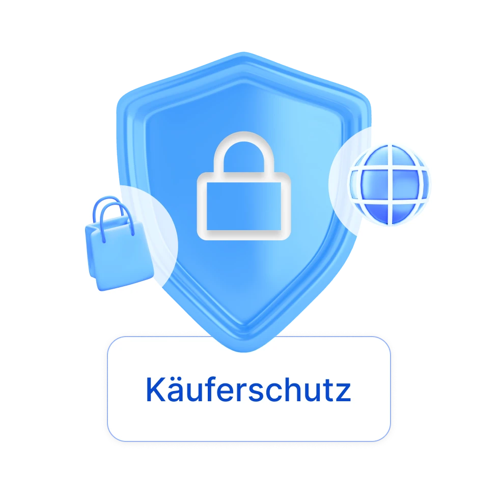 3D Illustration eines Schildes mit einem Schloss in der Mitte, daneben eine Einkaufstüte und eine Weltkugel, darunter der Text 'Käuferschutz'.