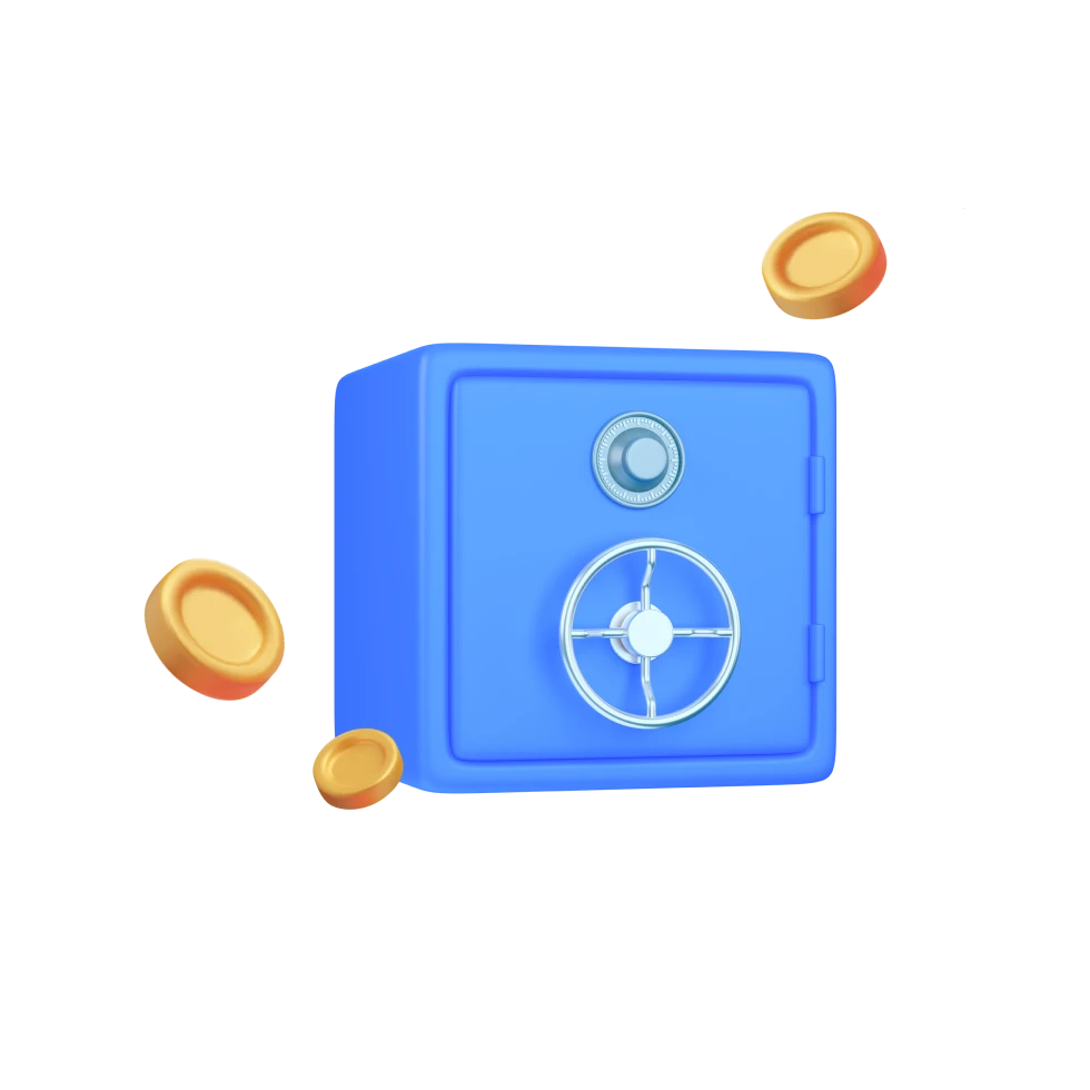 3D Illustration eines Tresors mit 3 goldenen Münzen drumherum.