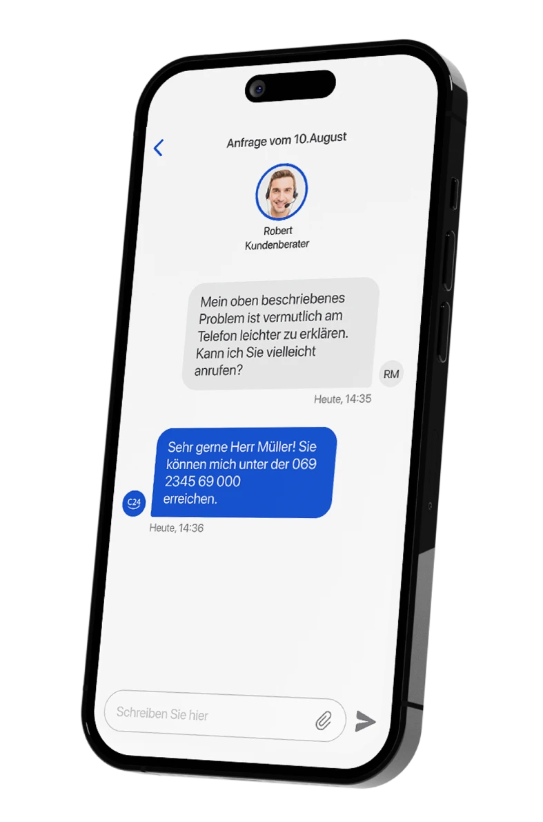Ein Smartphone zeigt einen Chartverlauf mit dem Kundenservice innerhalb der C24 Bank App.