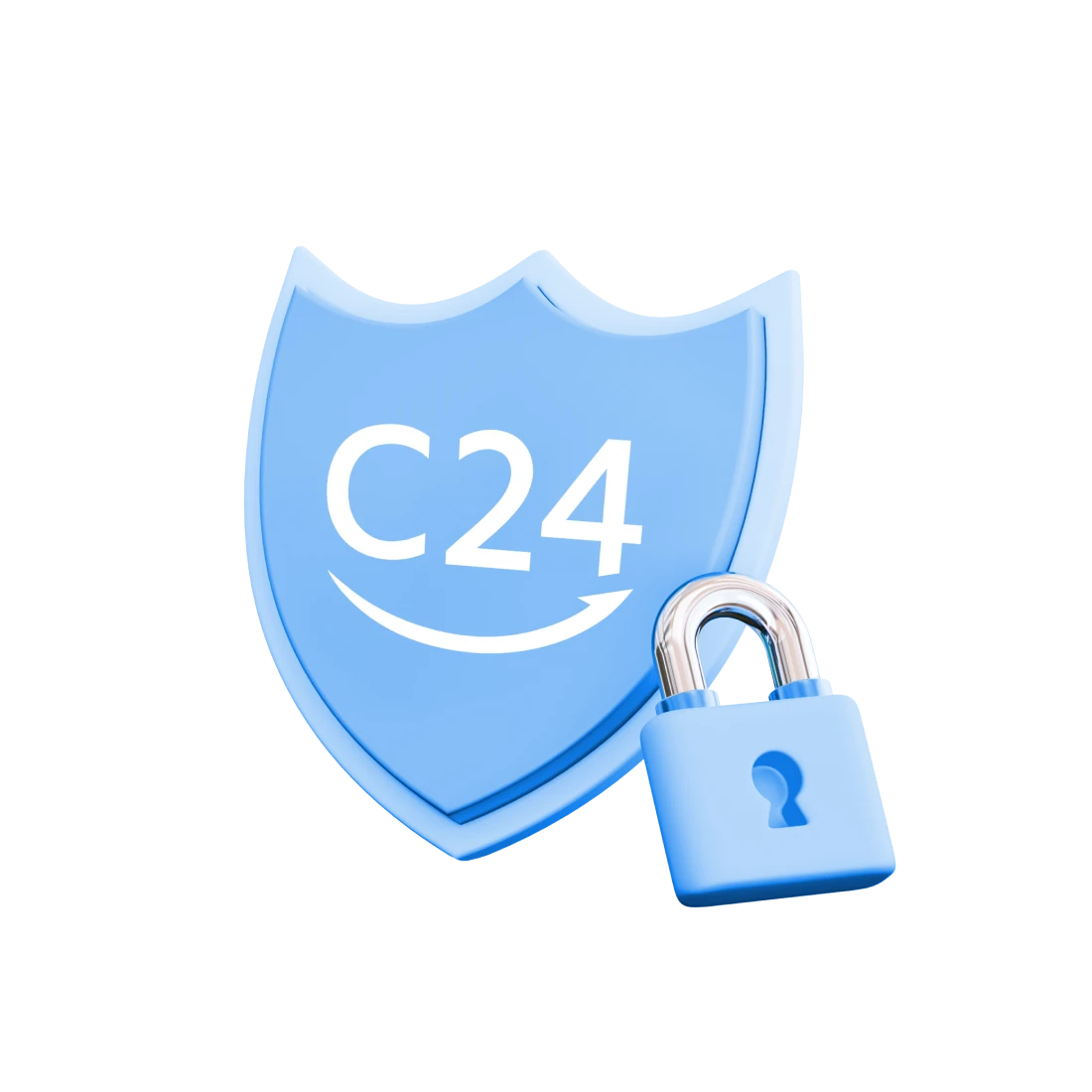 3D Illustration eines Schildes mit C24 Logo, daneben ein Schloss.