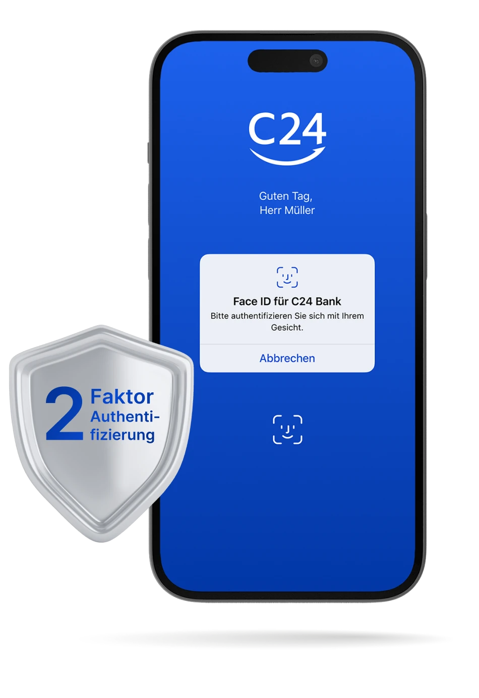 Ein Smartphone zeigt den Loginbereich der C24 Bank App, wo nach der Face-ID gefragt wird. Daneben eine 3D Illustration eines Schildes mit der Aufschrift 2-Faktor.