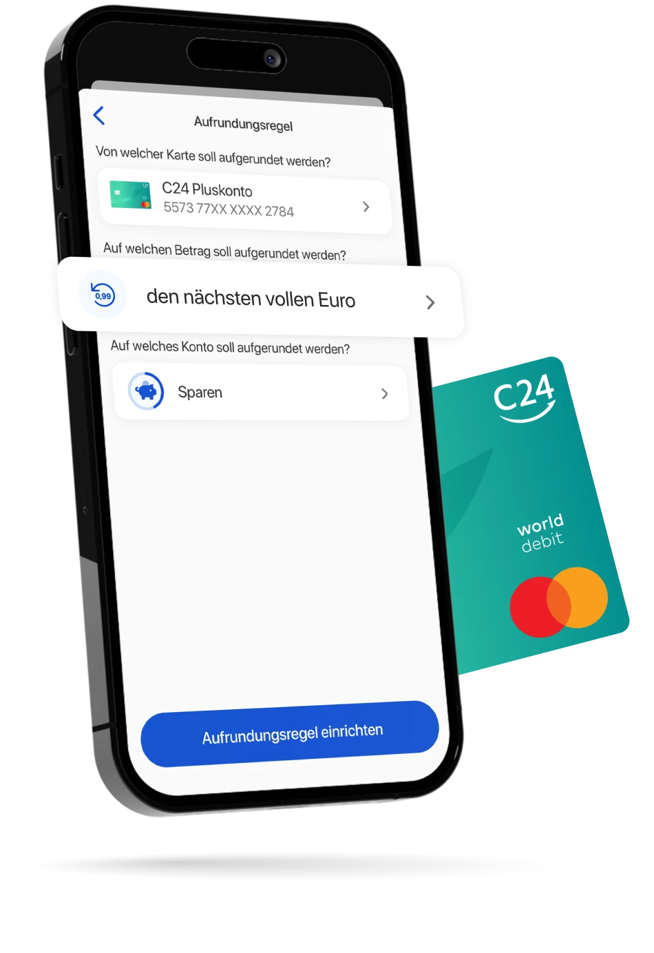 Ein Smartphone zeigt die Aufrundungsregel Seite der C24 Bank App, auf der die Funktion 'auf den nächsten vollen Euro aufrunden' hervorgehoben ist.