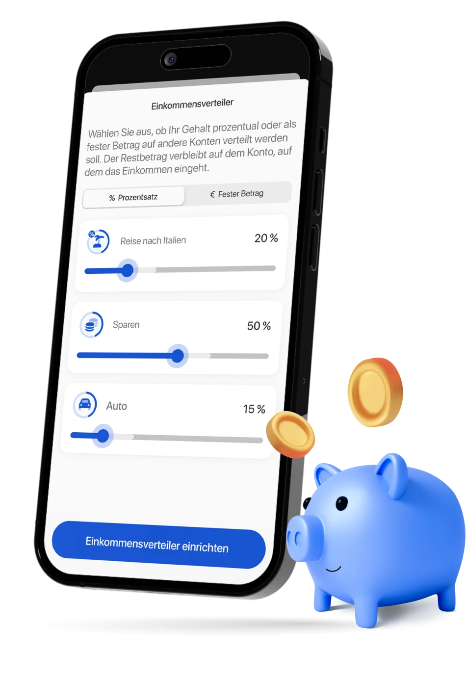 Ein Smartphone zeigt die Einkommensverteiler Seite der C24 Bank App, auf der drei Pockets mit einem Schieberegler und einer Prozentangabe zu sehen sind.
