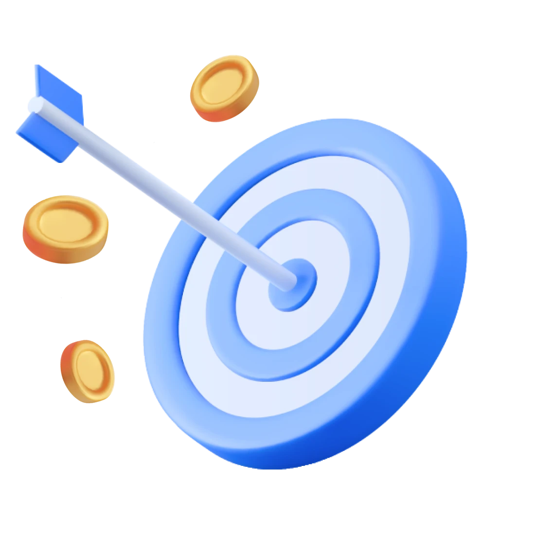3D Illustration einer Zielscheibe mit Pfeil in der mitte steckend, daneben drei goldene Münzen.