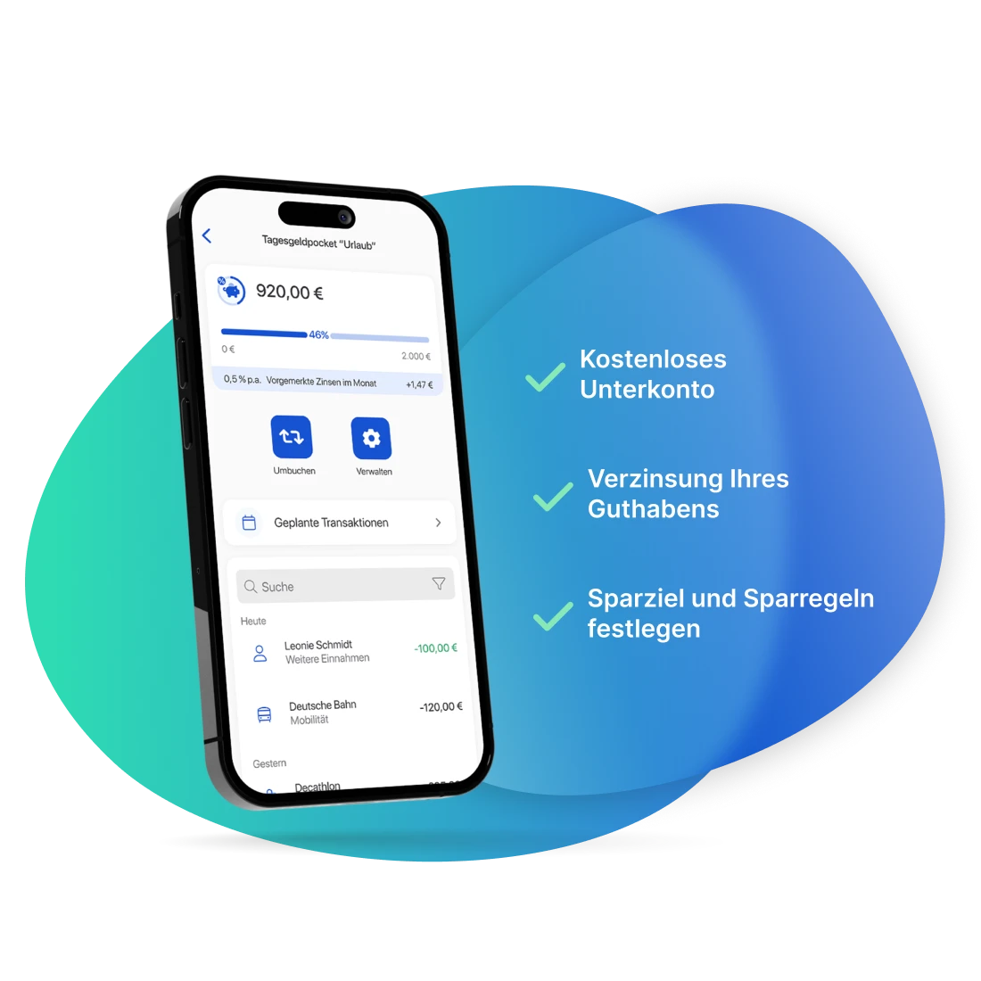 Ein Smartphone zeigt die Detailseite eines Pockets in der C24 Bank App. Daneben drei Stichpunkte mit einem grünen Haken davor: Kostenloses Unterkonto, Verzinsung Ihres Guthabens, Sparziel und Sparregeln festlegen.
