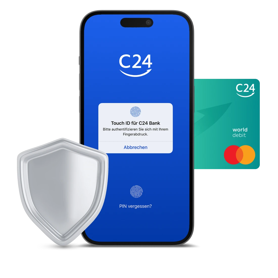 Ein Smartphone zeigt den Loginbereich der C24 Bank App, wo nach der Touch-ID gefragt wird. Daneben eine 3D Illustration eines Schildes mit Fingerabdruck darauf.