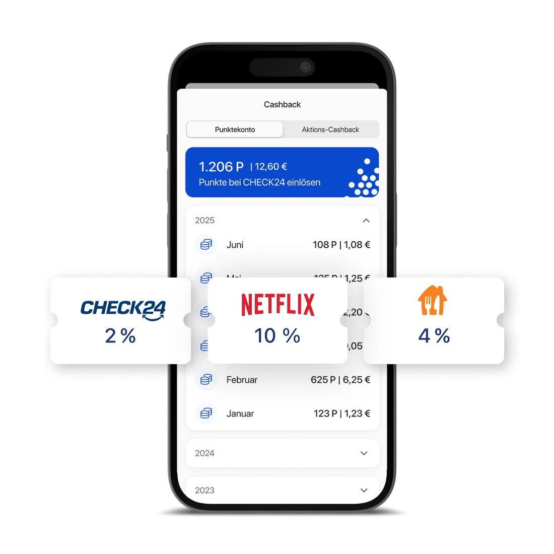 Ein Smartphone zeigt die Cashback-Übersicht der C24 Bank App. Hervorgehoben sind Logos von CHECK24, Netflix und Lieferando.