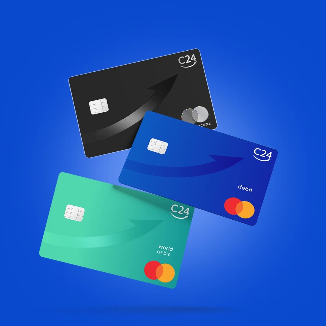 Drei schwebende C24 Mastercard Karten in verschiedenen Farben: Schwarz, Dunkelblau und Türkis.