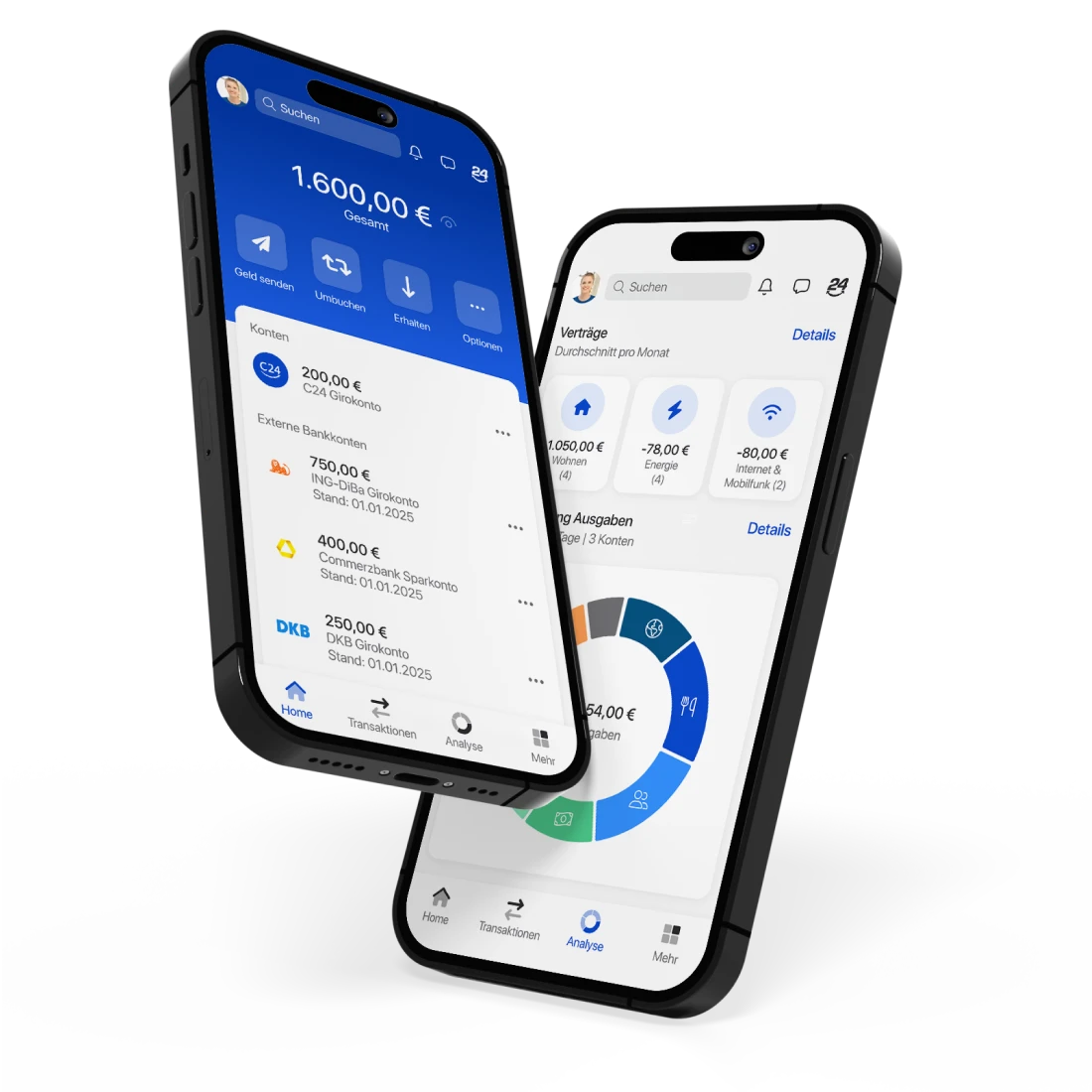Zwei Smartphones zeigen die Startseite der C24 Bank App mit eingebundenen externen Bankkonten, sowie die Analyse-Übersicht.