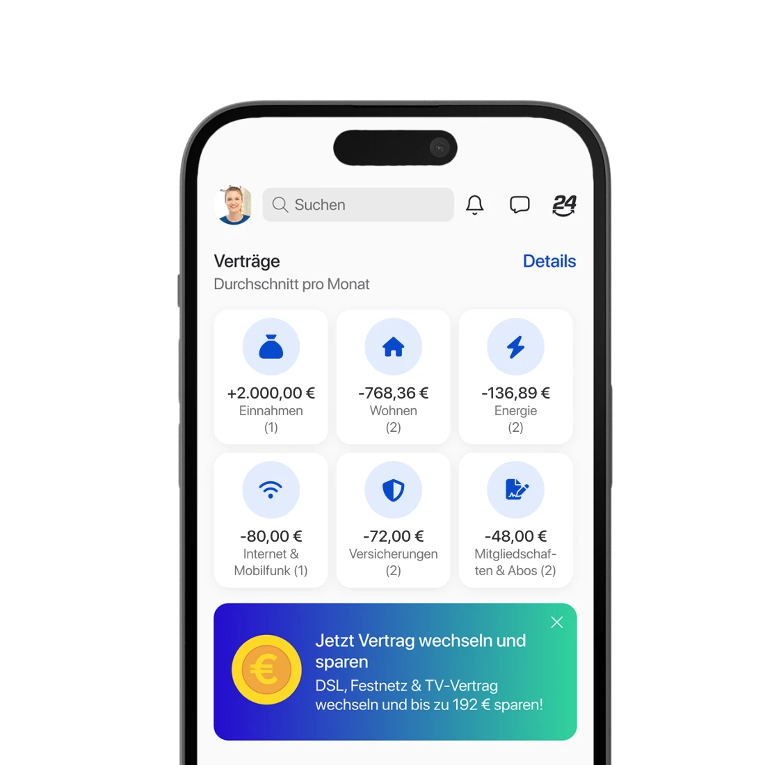 Ein Smartphone zeigt die Vertragsübersicht der C24 Bank App, auf der durchschnittliche Ausgaben und Einnahmen in Kategorien dargestellt werden.
