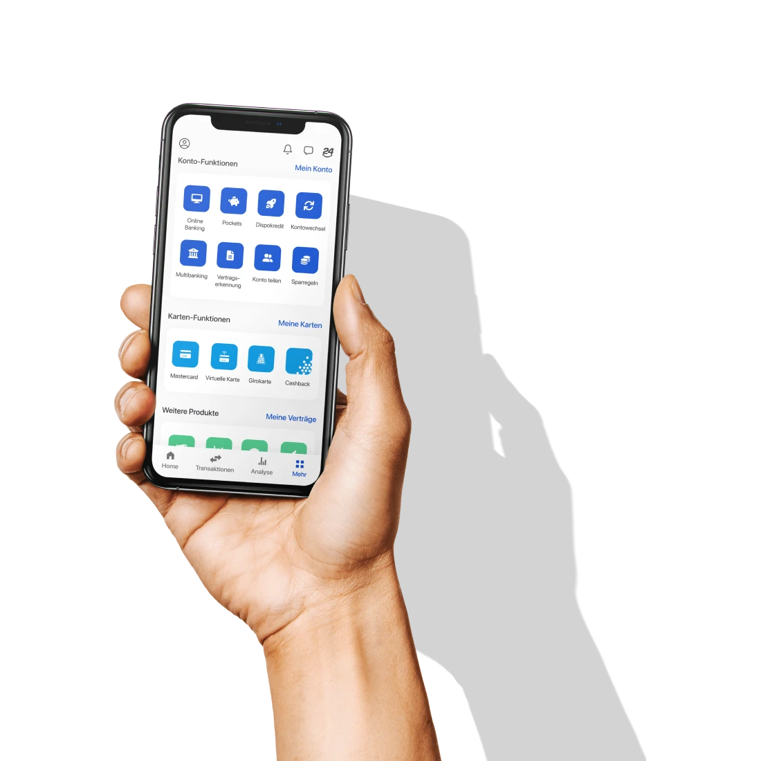 Eine Hand hält ein Smartphone, welches das 'Mehr' Menü der C24 Bank App geöffnet hat.