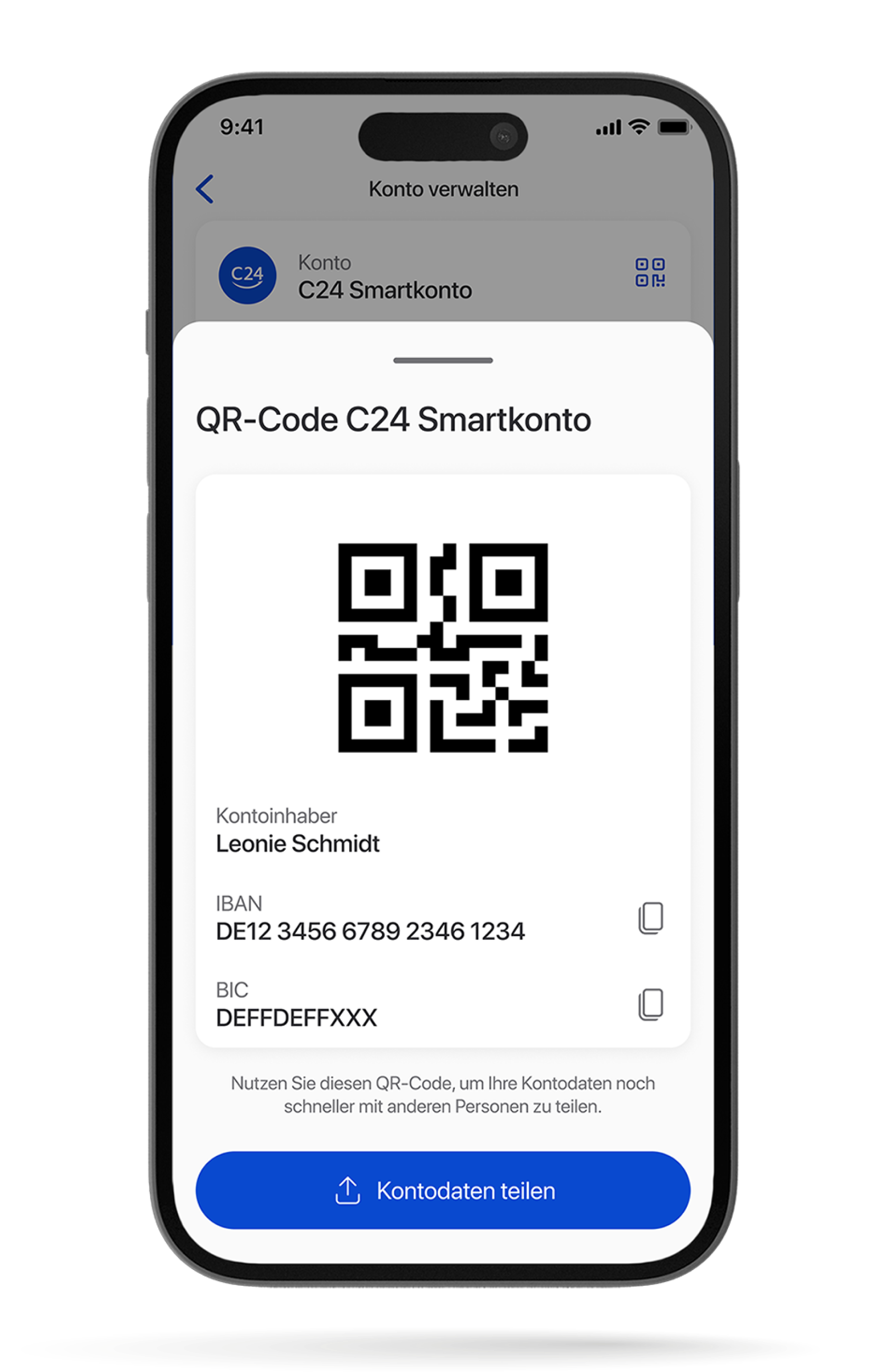 Ein Smartphone zeigt die Kontodaten teilen Funktion der C24 Bank App. Dort können Kontodaten wie die IBAN einfach via QR-Code geteilt werden.