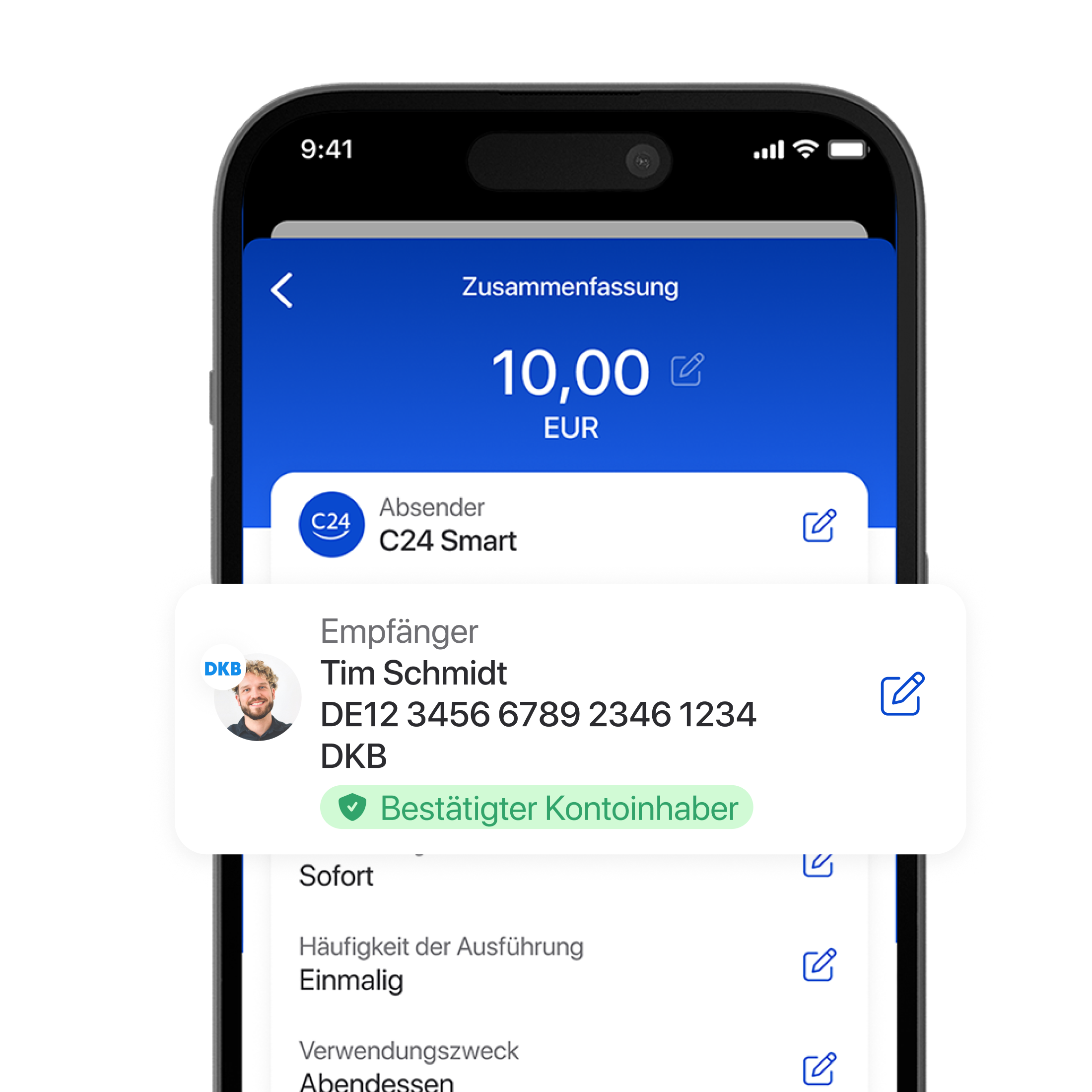 Ein Smartphone zeigt die Überweisungszusammenfassung der C24 Bank App. Hervorgehoben ist der Empfänger, welcher als bestätigter Kontoinhaber markiert wurde.