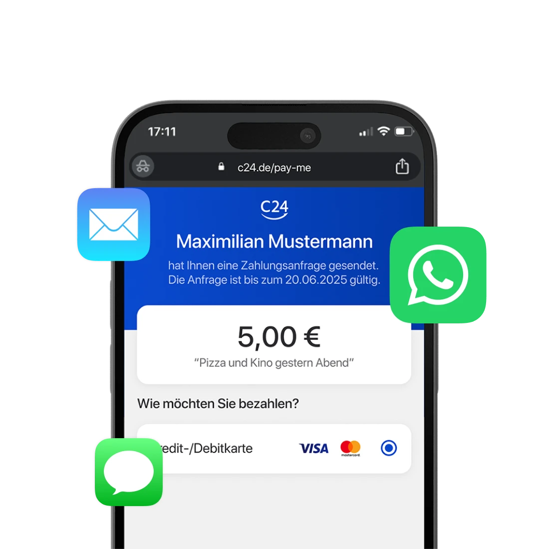 Illustration eines Smartphones, welches eine Zahlungsanfrage über 5 Euro für Pizza und Kino gestern Abend zeigt.