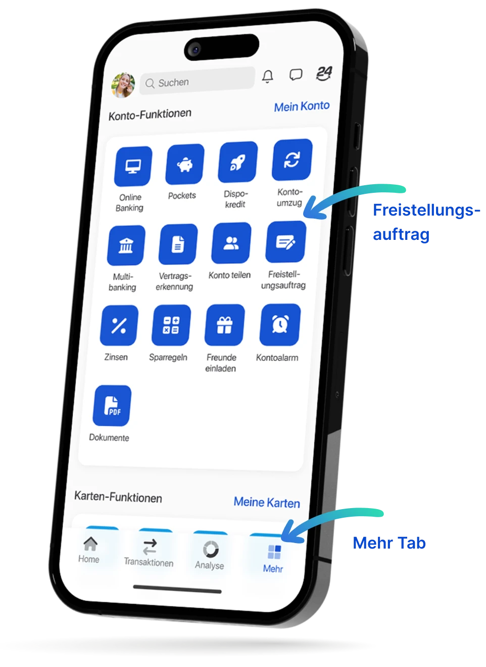 Ein Smartphone zeigt das 'Mehr' Menü der C24 Bank App, mit einem Pfeil auf die Funktion Freistellungsauftrag zeigend.