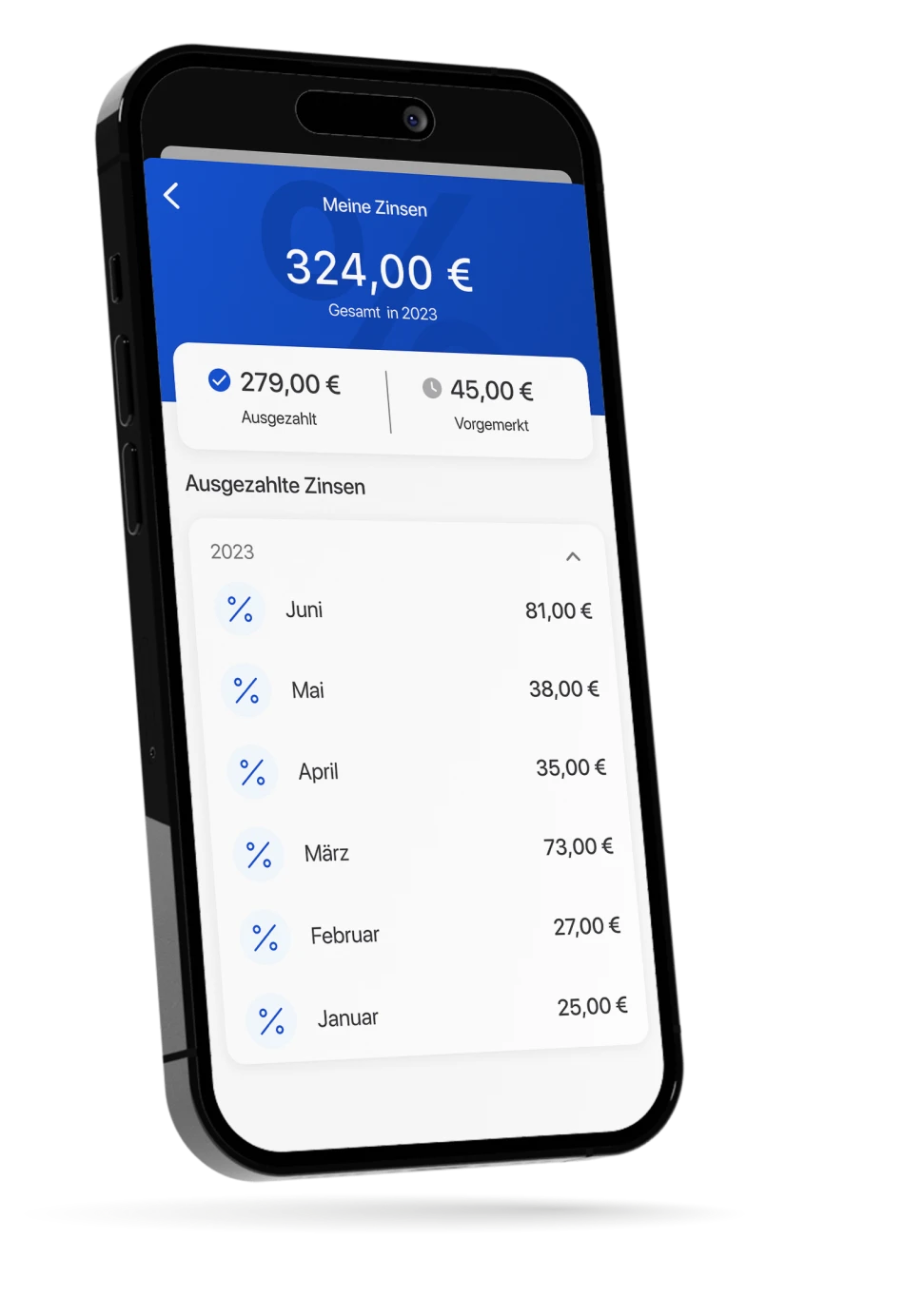 Ein Smartphone zeigt die Zinsübersicht innerhalb der C24 Bank App, in welche die ausgezahlten Zinsen pro Monat aufgelistet sind.