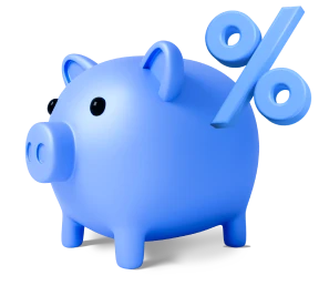 3D Illustration eines Sparschweins mit Prozent-Zeichen daneben.